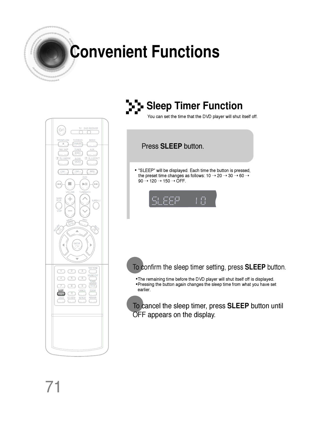 Samsung HT-DS660 Convenient Functions, Press Sleep button, To confirm the sleep timer setting, press Sleep button 