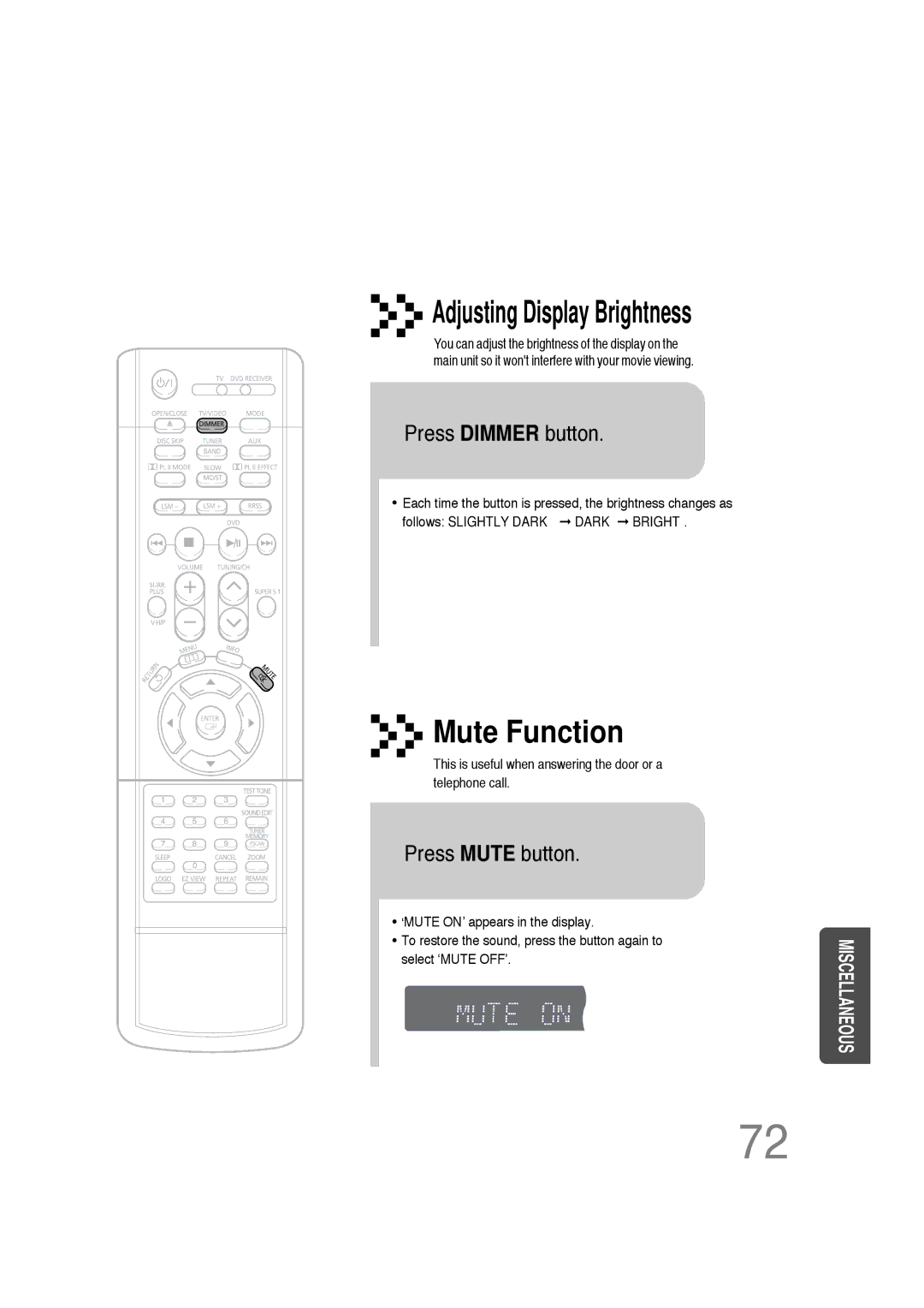 Samsung HT-DS660 instruction manual Press Dimmer button, Press Mute button 