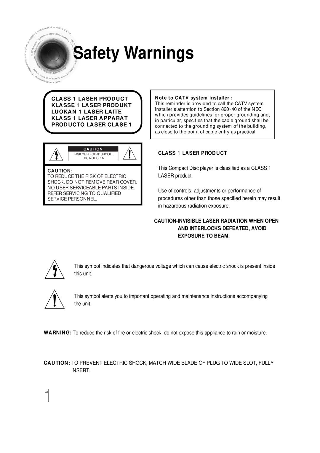 Samsung HT-DS660T instruction manual Safety Warnings, Class 1 Laser Product 