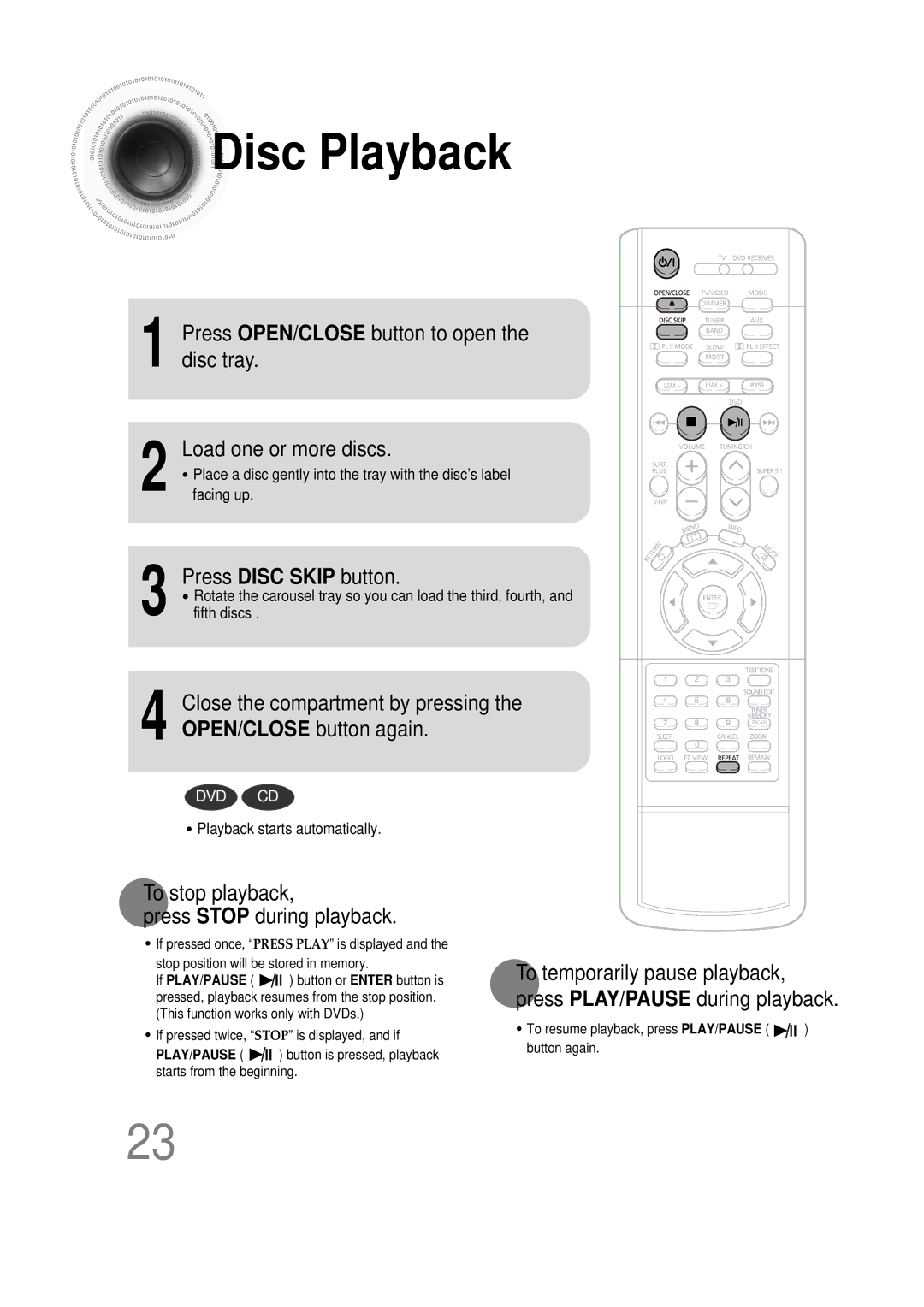 Samsung HT-DS660T instruction manual Disc Playback, Press Disc Skip button, To stop playback Press Stop during playback 