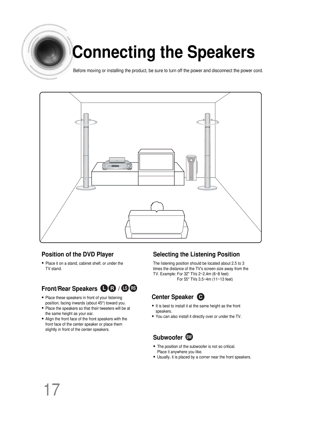 Samsung HT-DS665T, 20051111115925328 Connecting the Speakers, Position of the DVD Player Selecting the Listening Position 