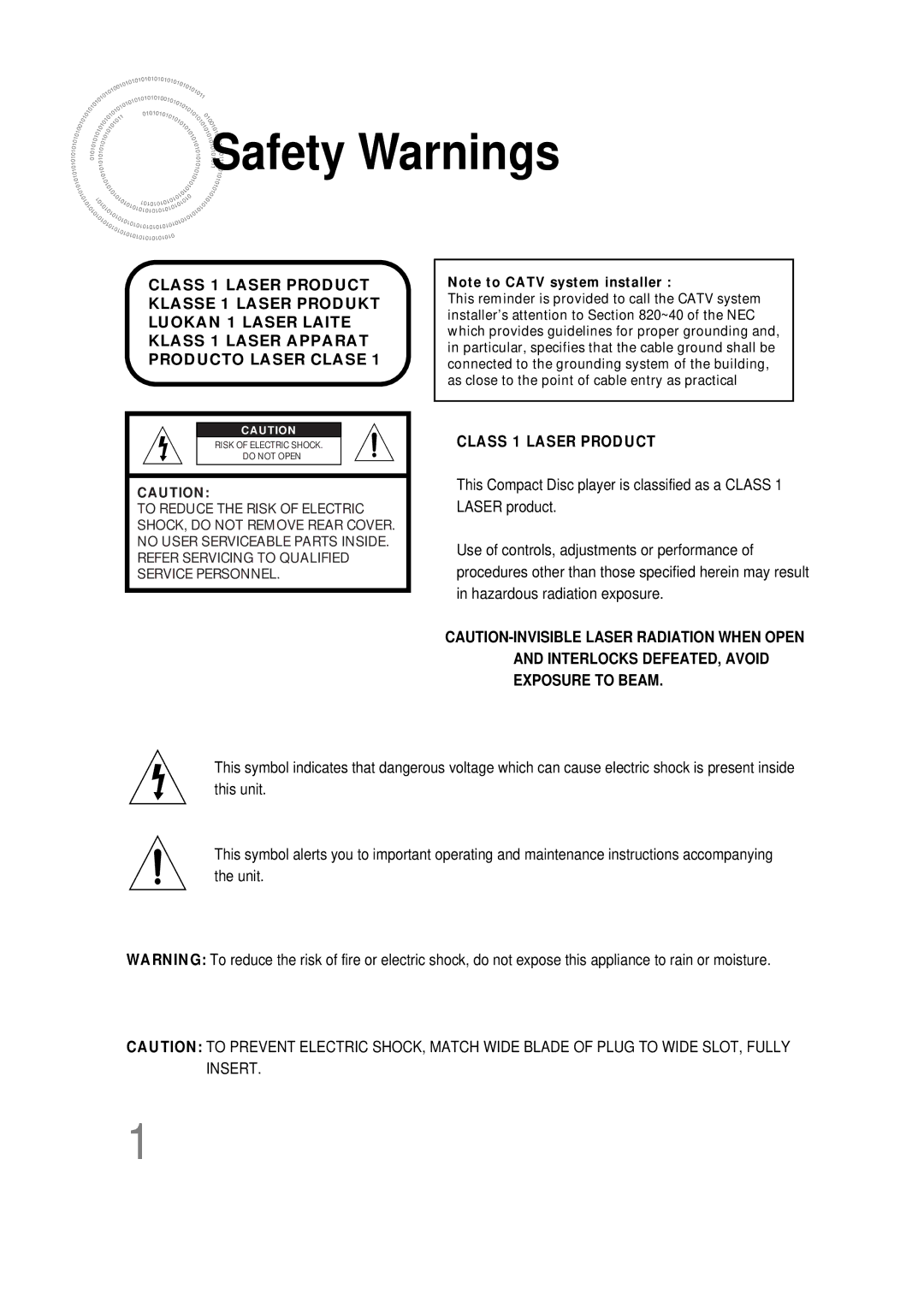 Samsung AH68-01493X, HT-DS665T, 20051111115925328 instruction manual Safety Warnings, Class 1 Laser Product 