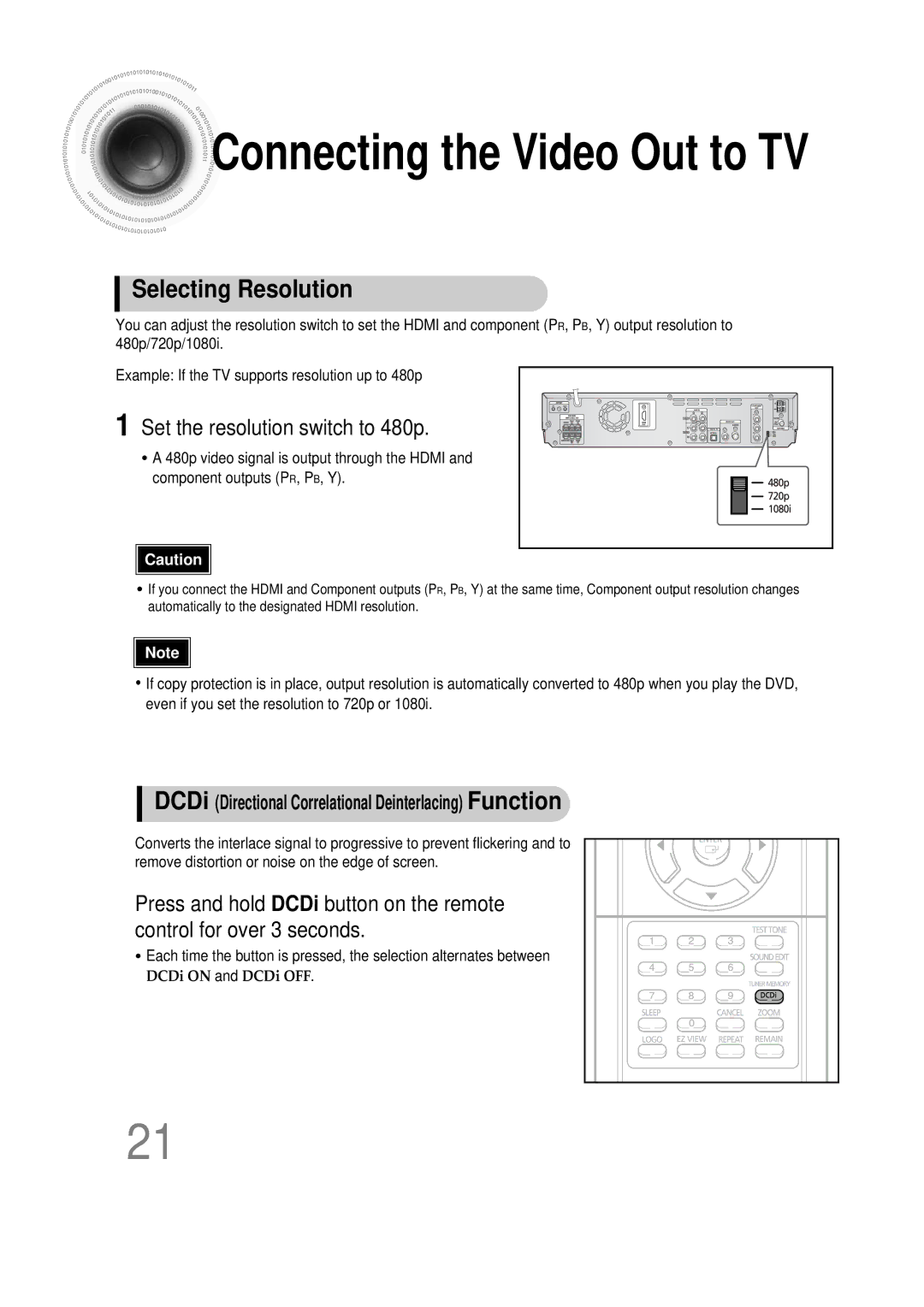 Samsung 20051111115925328, HT-DS665T Set the resolution switch to 480p, Automatically to the designated Hdmi resolution 