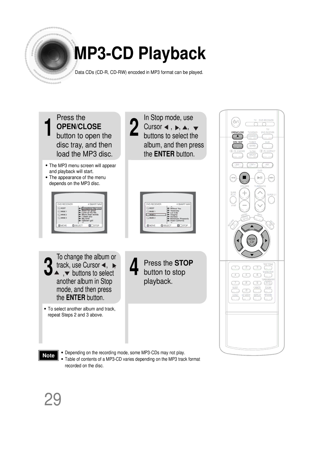 Samsung HT-DS665T, 20051111115925328, AH68-01493X instruction manual MP3 -CD Playback 