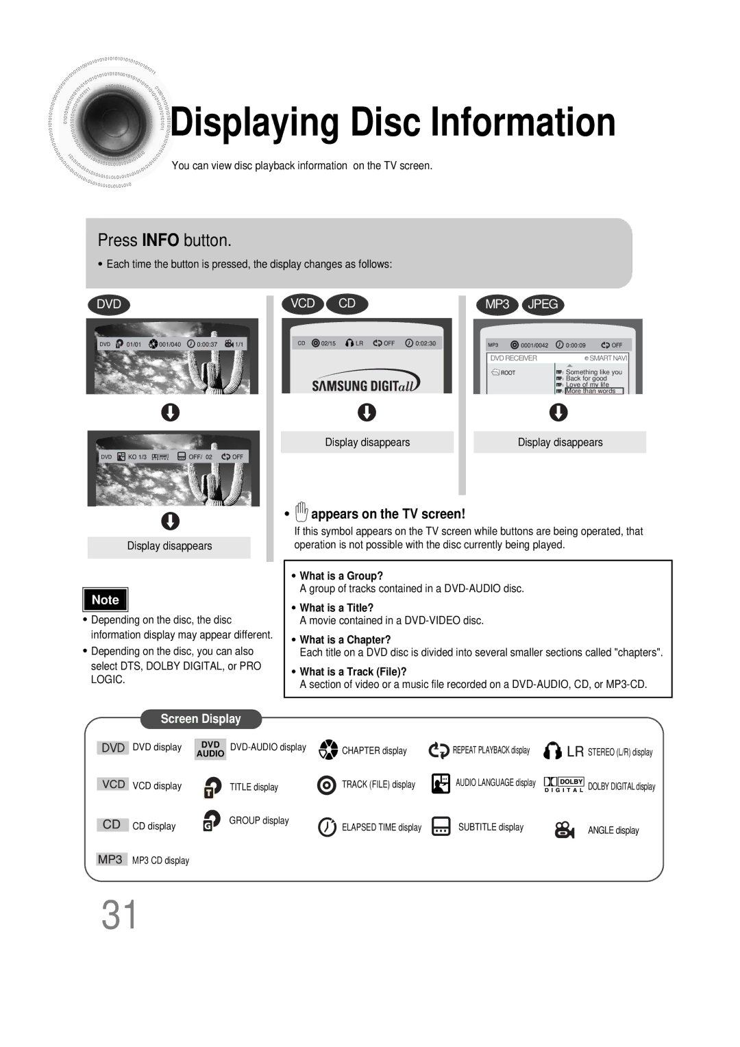 Samsung AH68-01493X, HT-DS665T, 20051111115925328 instruction manual Displaying Disc Information, Press Info button 