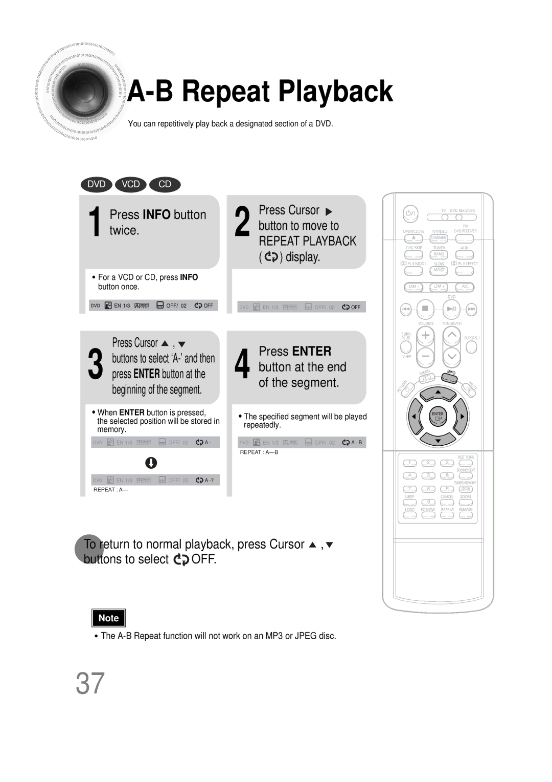 Samsung AH68-01493X, HT-DS665T Press Info button twice, Press Cursor, Press Enter, For a VCD or CD, press Info button once 