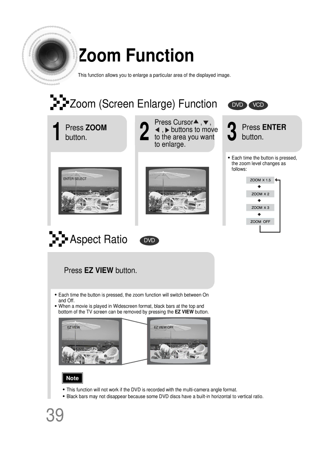 Samsung 20051111115925328, HT-DS665T, AH68-01493X instruction manual Zoom Function, Press Zoom, Button, Press EZ View button 