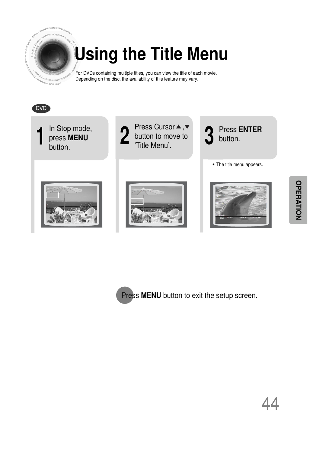 Samsung HT-DS665T Using the Title Menu, Stop mode, Press Menu Button to move to ‘Title Menu’, Title menu appears 