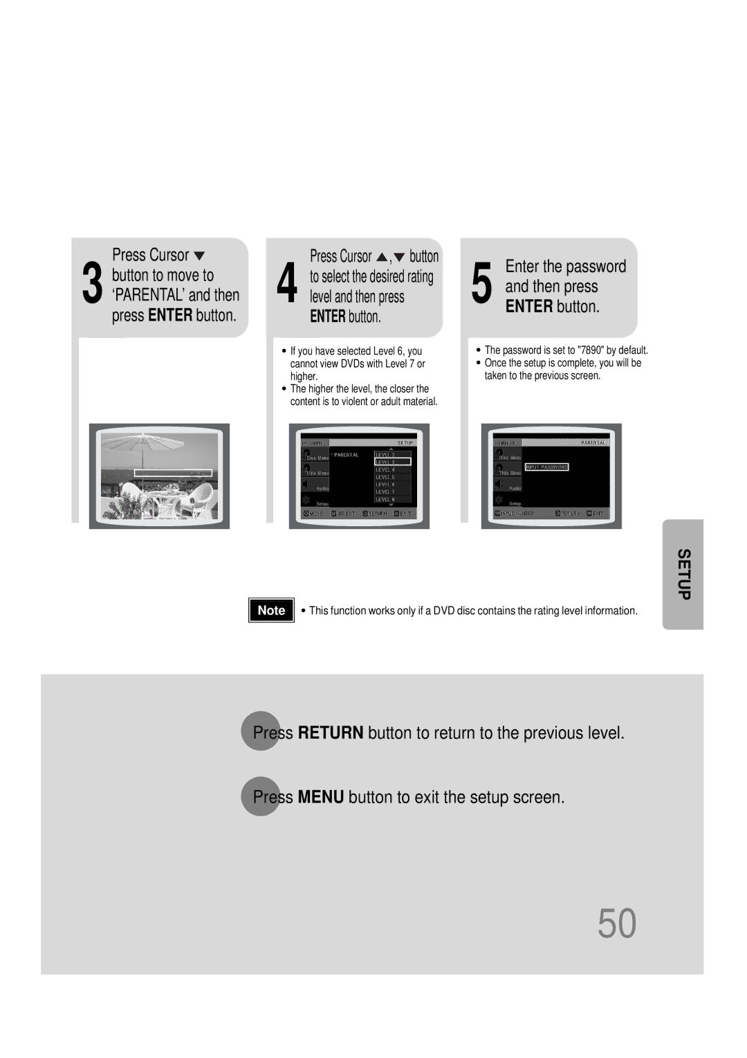 Samsung HT-DS665T, 20051111115925328 Press Cursor , button, Enter the password, Password is set to 7890 by default 