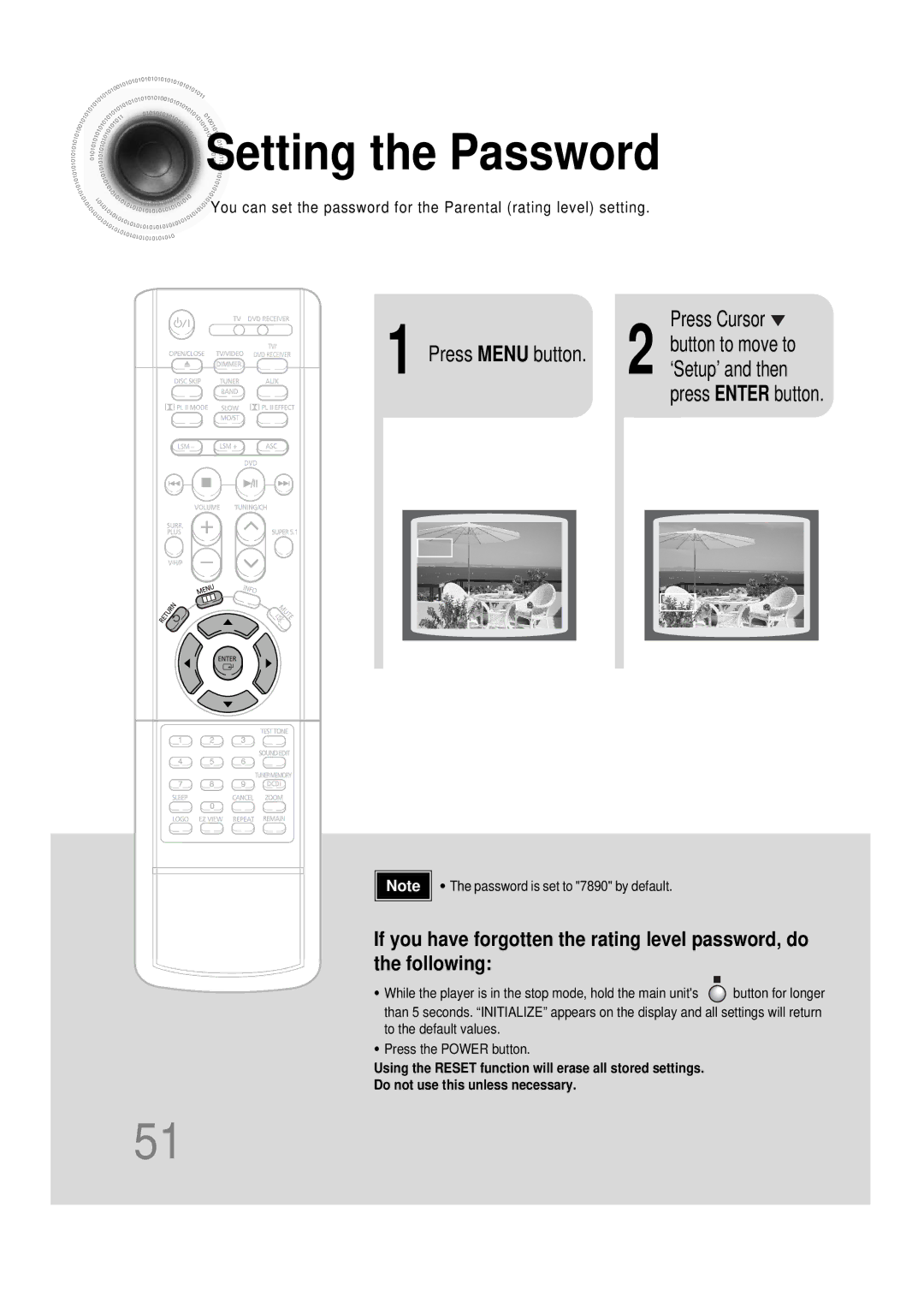 Samsung 20051111115925328, HT-DS665T, AH68-01493X Setting the Password, Press Cursor Button to move to Press Menu button 