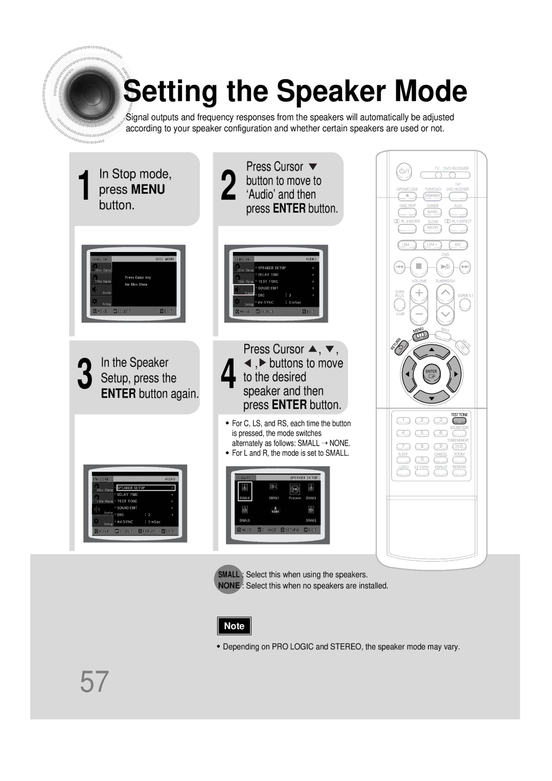 Samsung 20051111115925328, HT-DS665T, AH68-01493X Setting the Speaker Mode, Press Enter button Press Cursor 