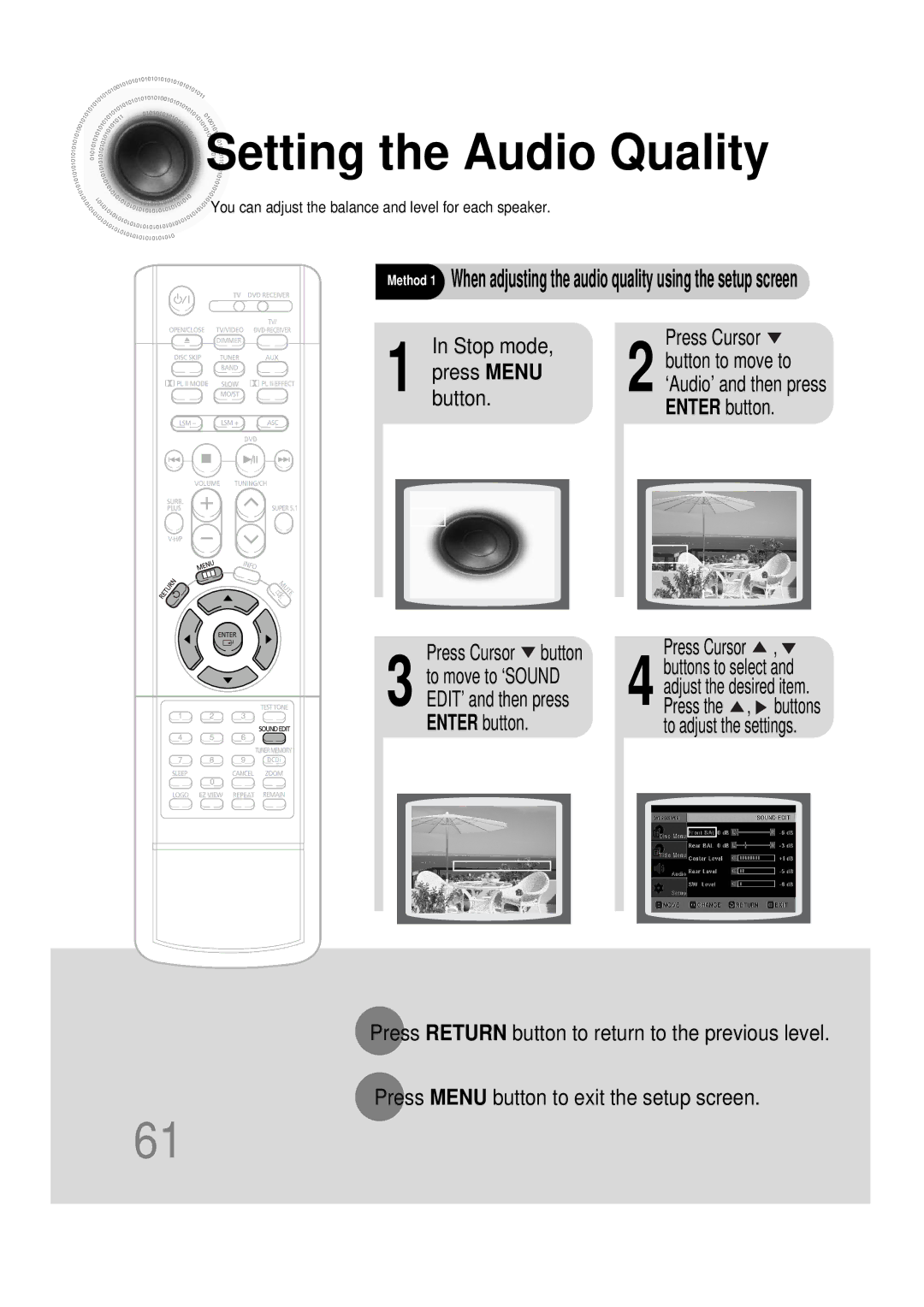 Samsung AH68-01493X, HT-DS665T Setting the Audio Quality, Button Enter button Press Cursor button, ‘Audio’ and then press 