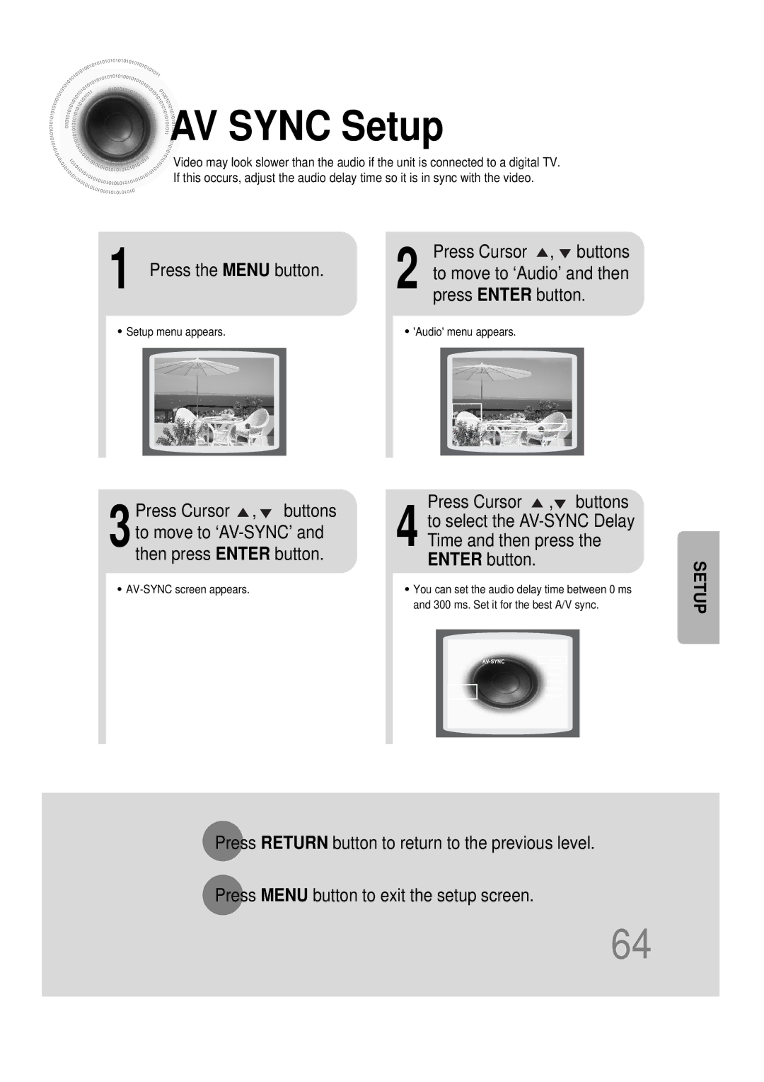 Samsung AH68-01493X, HT-DS665T AV Sync Setup, Press the Menu button Press Cursor , buttons, Press Enter button 