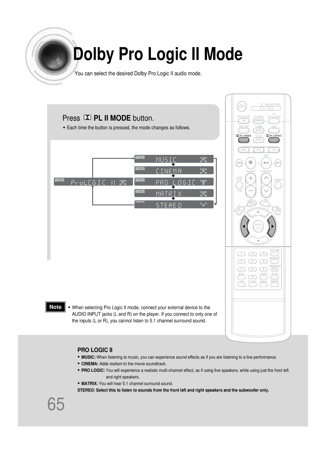 Samsung HT-DS665T, 20051111115925328, AH68-01493X instruction manual Dolby Pro Logic II Mode, Press PL II Mode button 