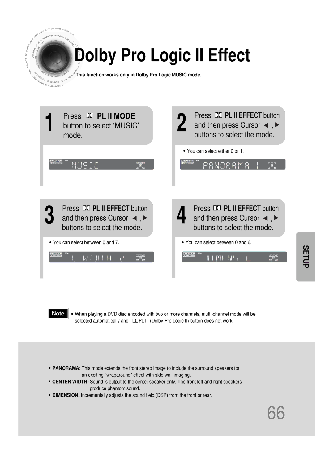 Samsung 20051111115925328, HT-DS665T Dolby Pro Logic II Effect, Press PL II Mode, Button to select ‘MUSIC’ mode 