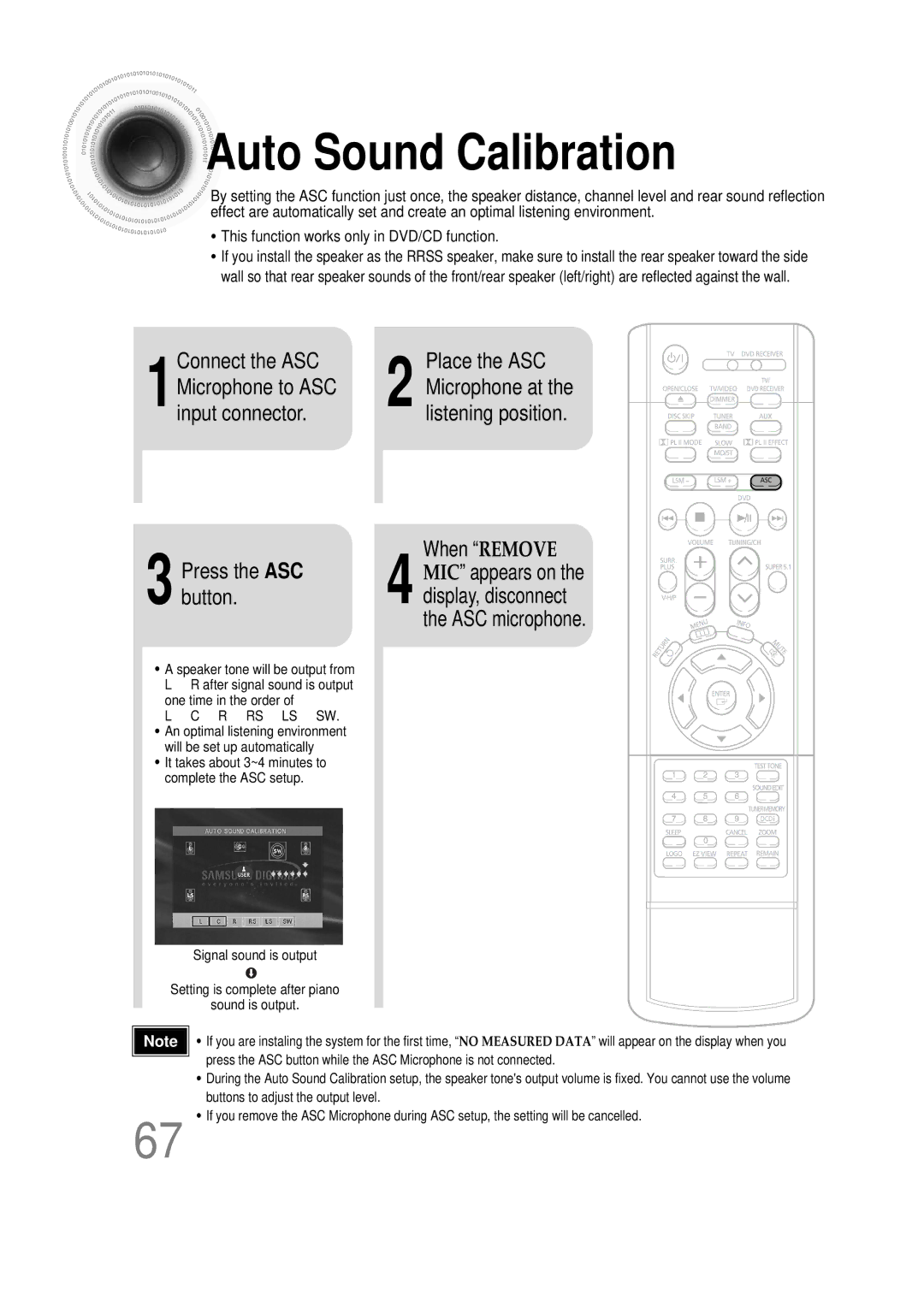 Samsung AH68-01493X, HT-DS665T Auto Sound Calibration, Connect the ASC Place the ASC Microphone to ASC, 1input connector 