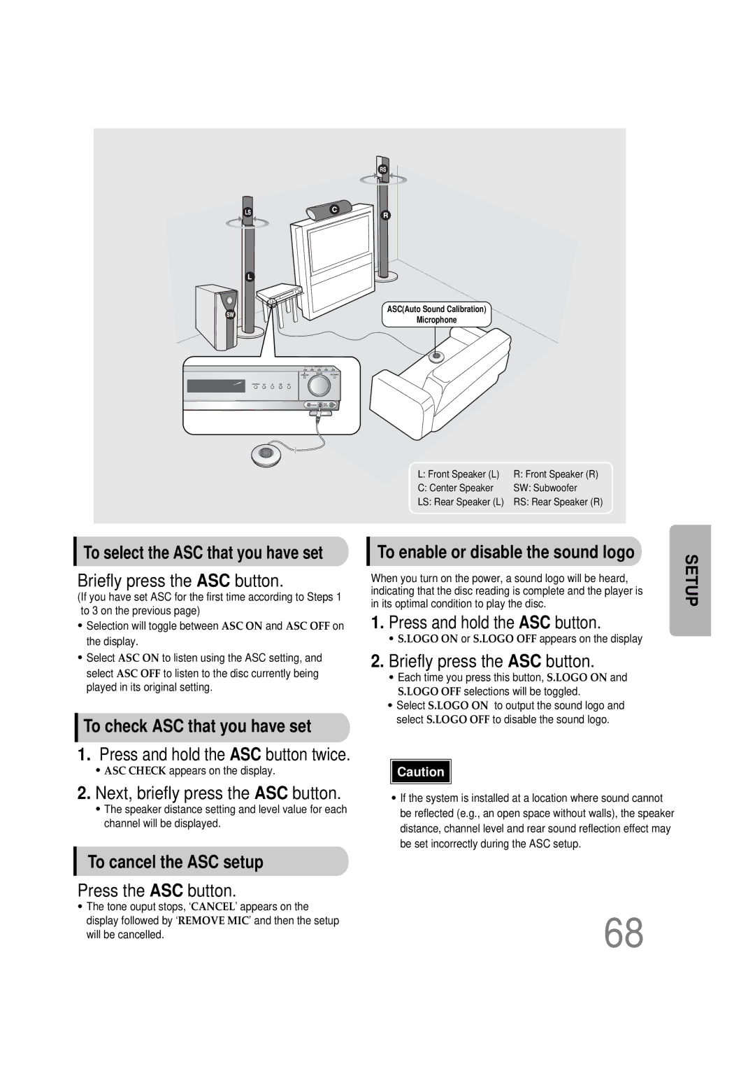 Samsung HT-DS665T, 20051111115925328 Briefly press the ASC button, To check ASC that you have set, To cancel the ASC setup 