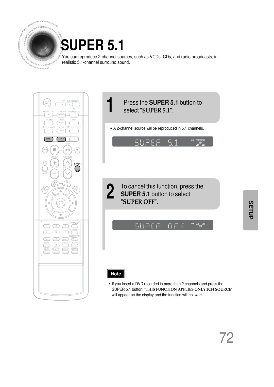 Samsung 20051111115925328 Select Super, Super 5.1 button to select, Channel source will be reproduced in 5.1 channels 