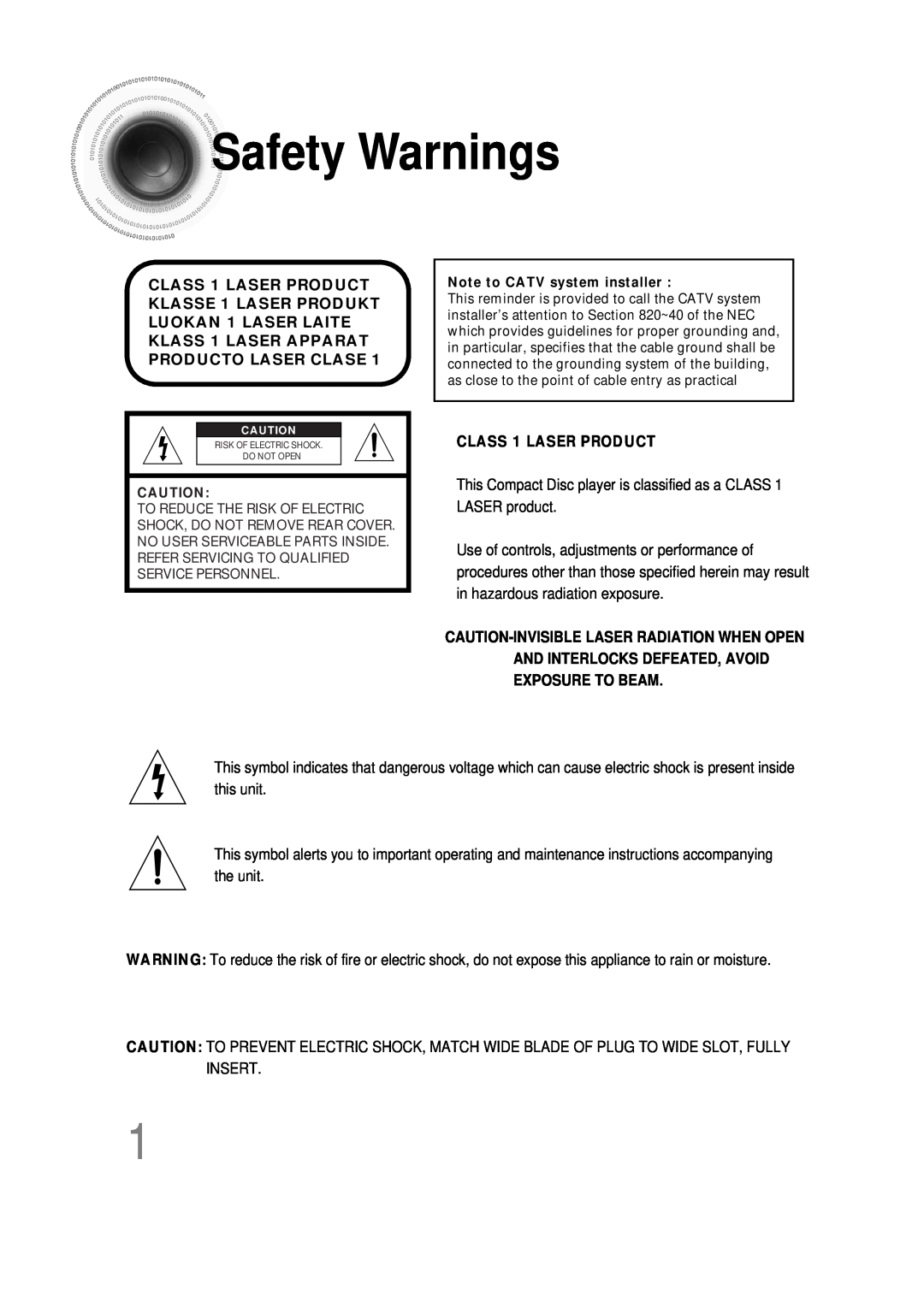 Samsung AH68-01493X, HT-DS665T, 20051111115925328 instruction manual Safety Warnings, CLASS 1 LASER PRODUCT 
