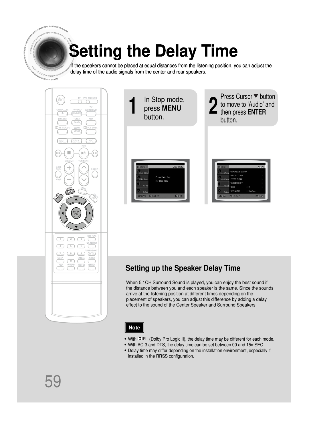 Samsung HT-DS665T Setting the Delay Time, Setting up the Speaker Delay Time, Press Cursor button, In Stop mode 