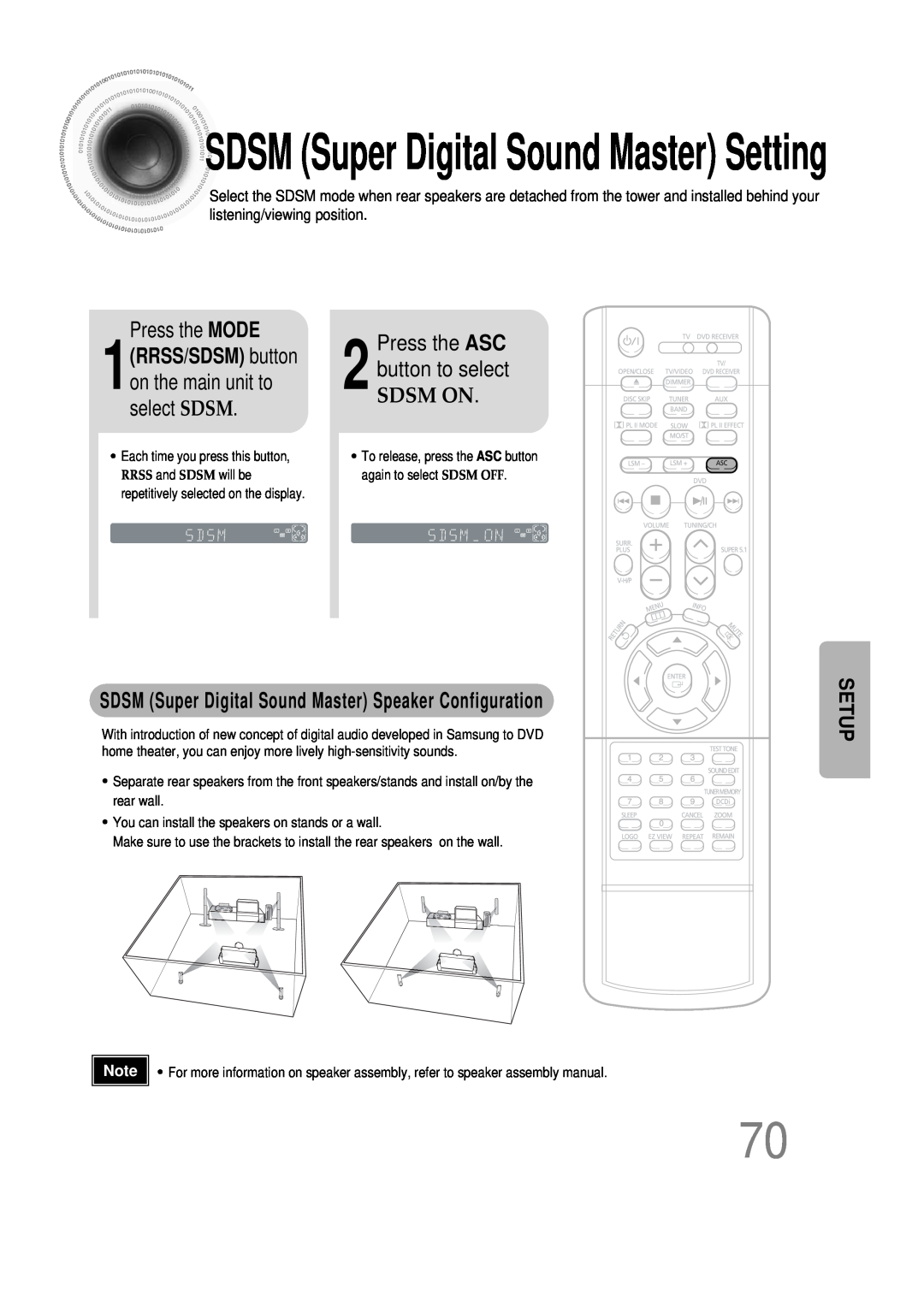 Samsung AH68-01493X Press the ASC 2 button to select, Sdsm On, SDSM Super Digital Sound Master Speaker Configuration 