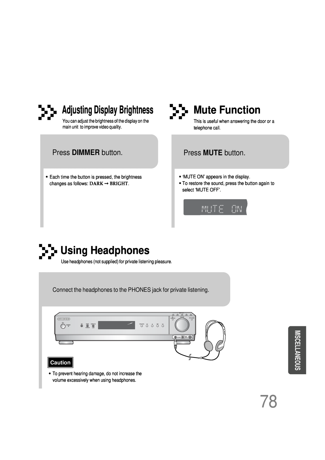 Samsung 20051111115925328, HT-DS665T, AH68-01493X Mute Function, Using Headphones, Press DIMMER button, Press MUTE button 
