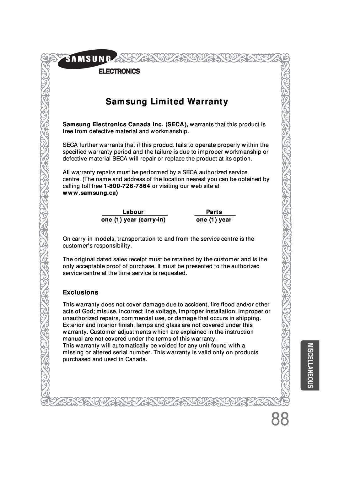 Samsung AH68-01493X, HT-DS665T, 20051111115925328 Samsung Limited Warranty, Exclusions, Labour, Parts, one 1 year carry-in 