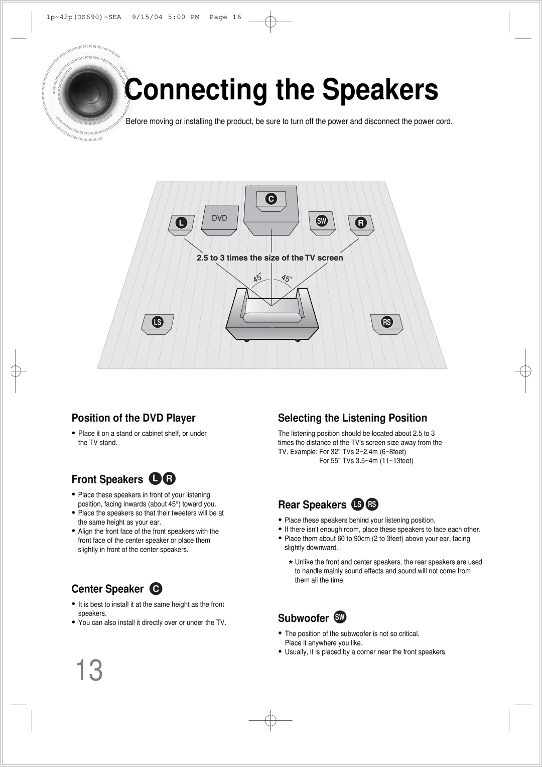 Samsung HT-DS690 instruction manual Connecting the Speakers, Position of the DVD Player 