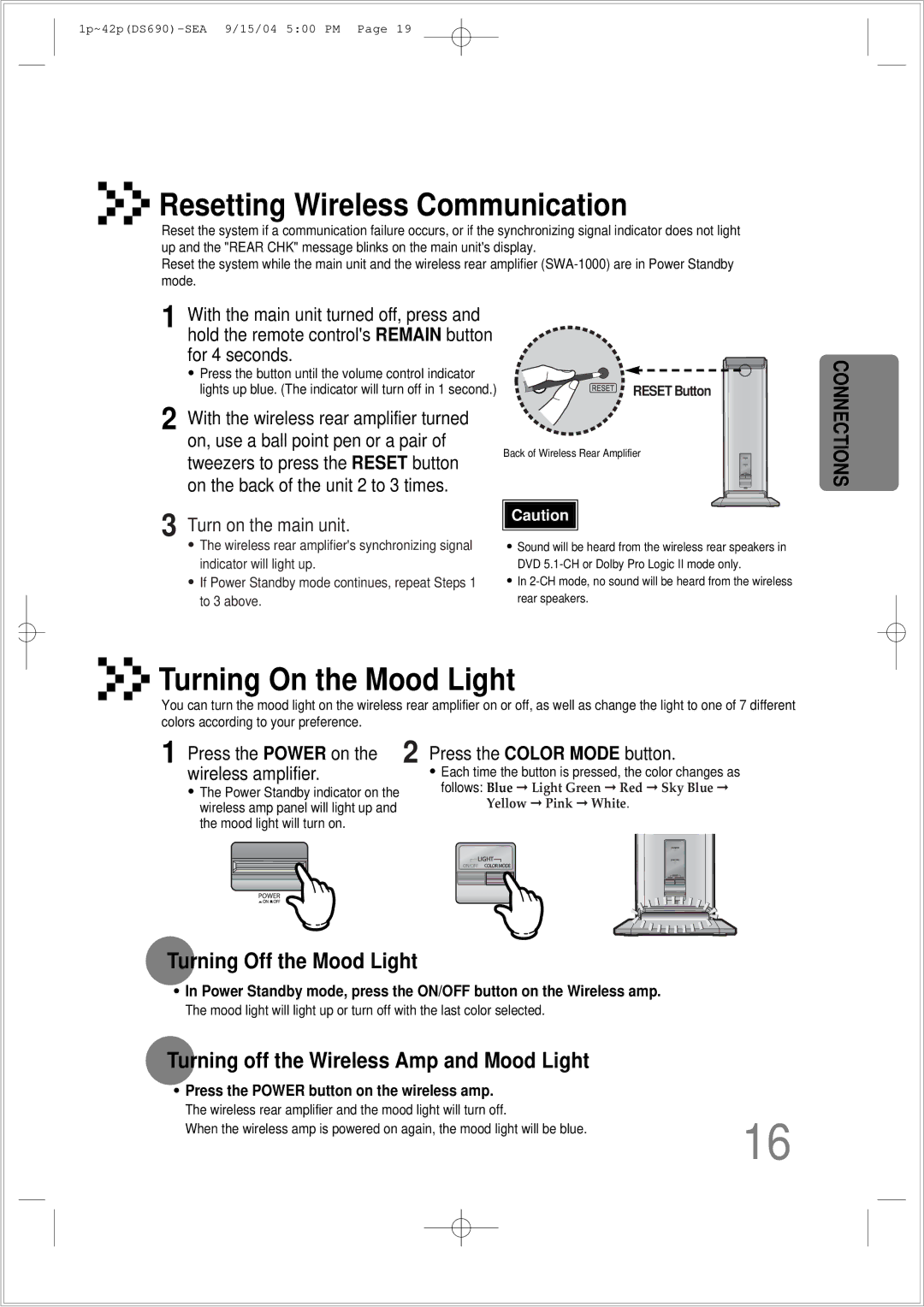 Samsung HT-DS690 instruction manual Turning Off the Mood Light, Turning off the Wireless Amp and Mood Light 