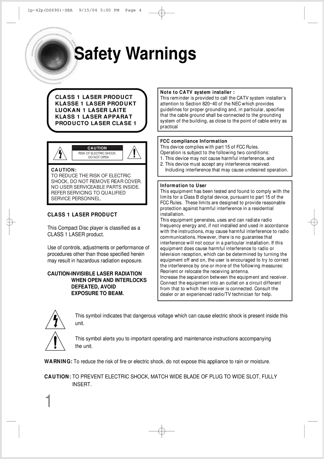 Samsung HT-DS690 instruction manual Safety Warnings, Class 1 Laser Product 