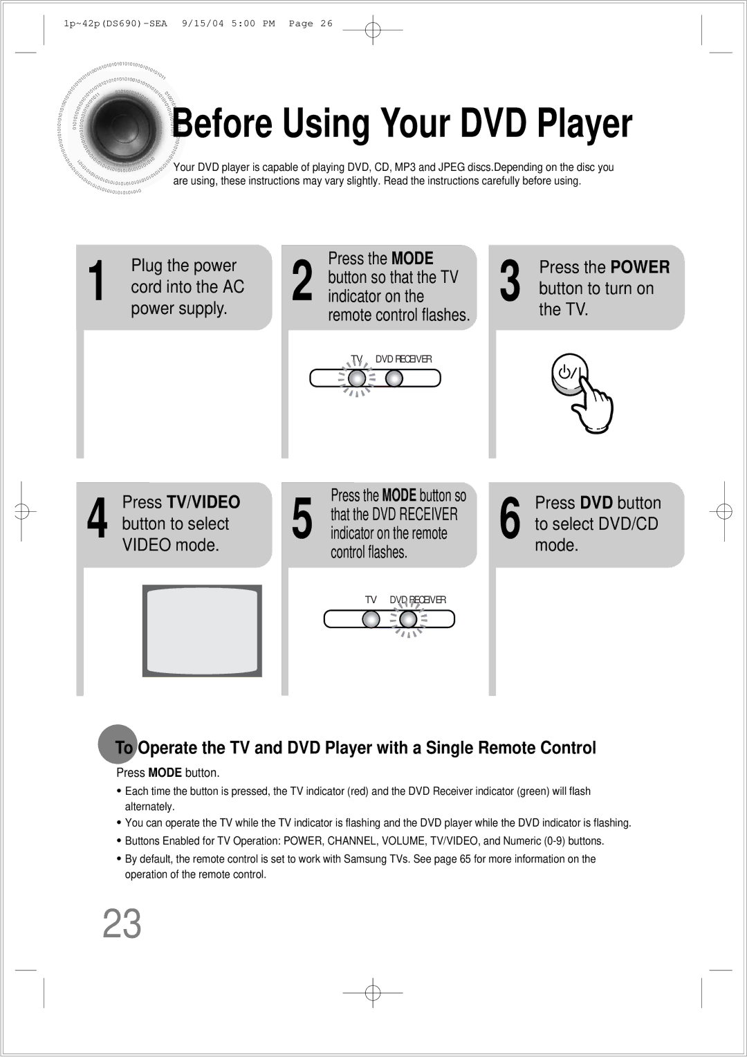 Samsung HT-DS690 instruction manual Before Using Your DVD Player, Press TV/VIDEO 