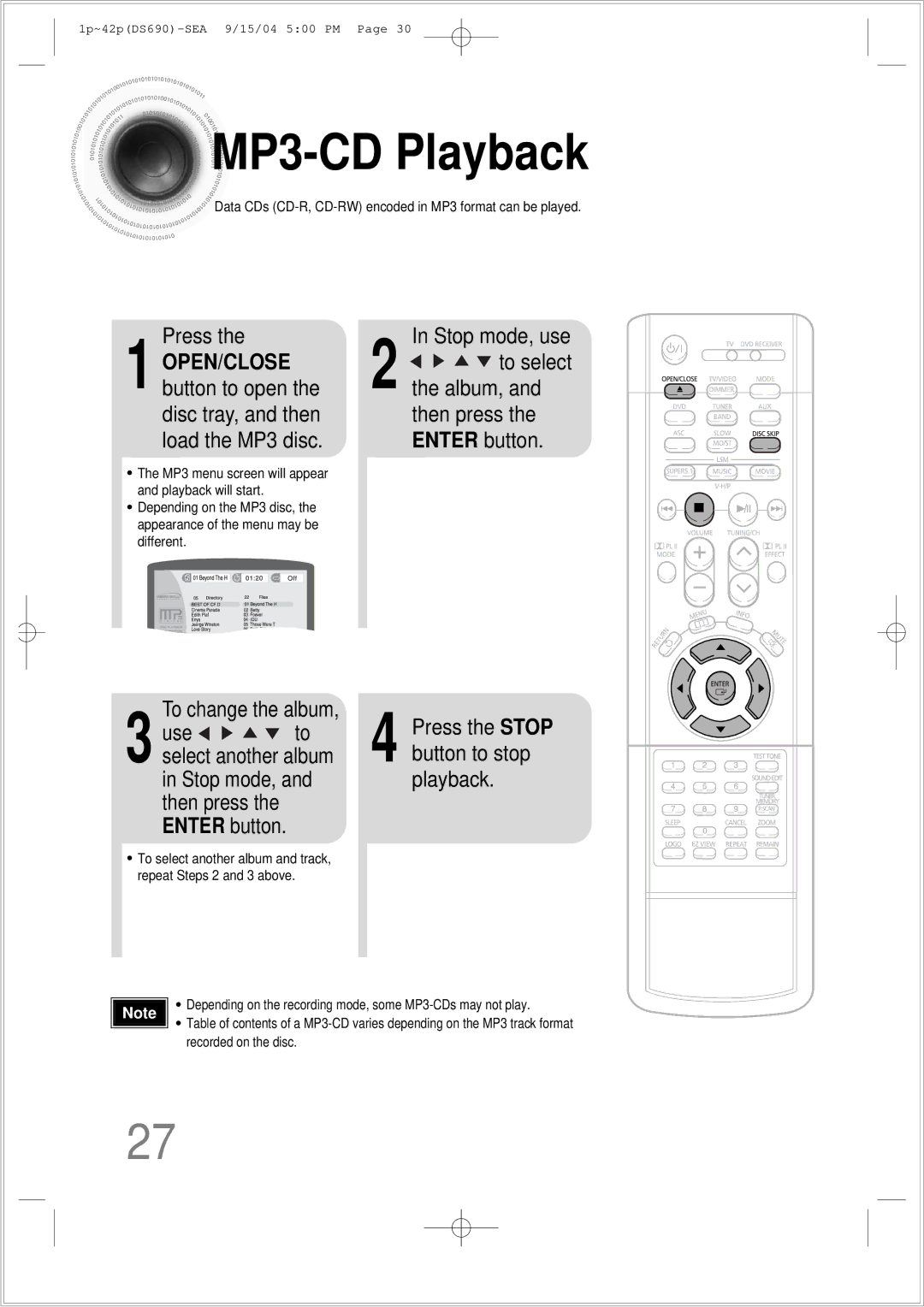 Samsung HT-DS690 instruction manual MP3 -CD Playback, Press, Use, Stop mode, Playback 