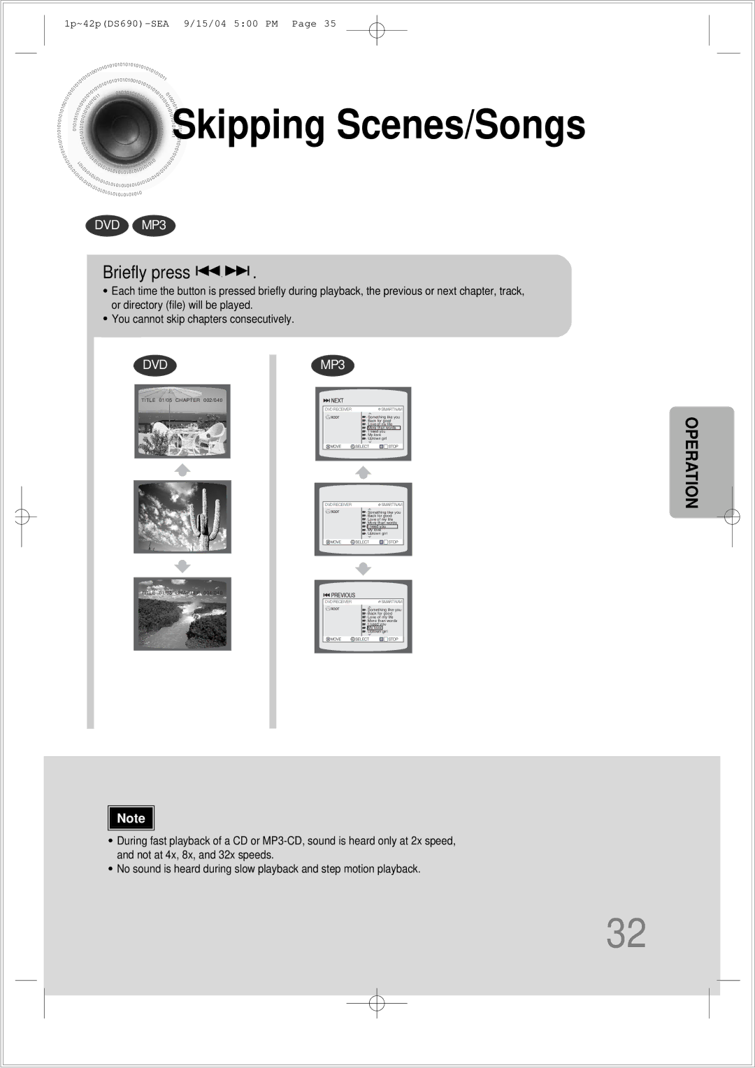 Samsung HT-DS690 instruction manual Skipping Scenes/Songs, Briefly press 