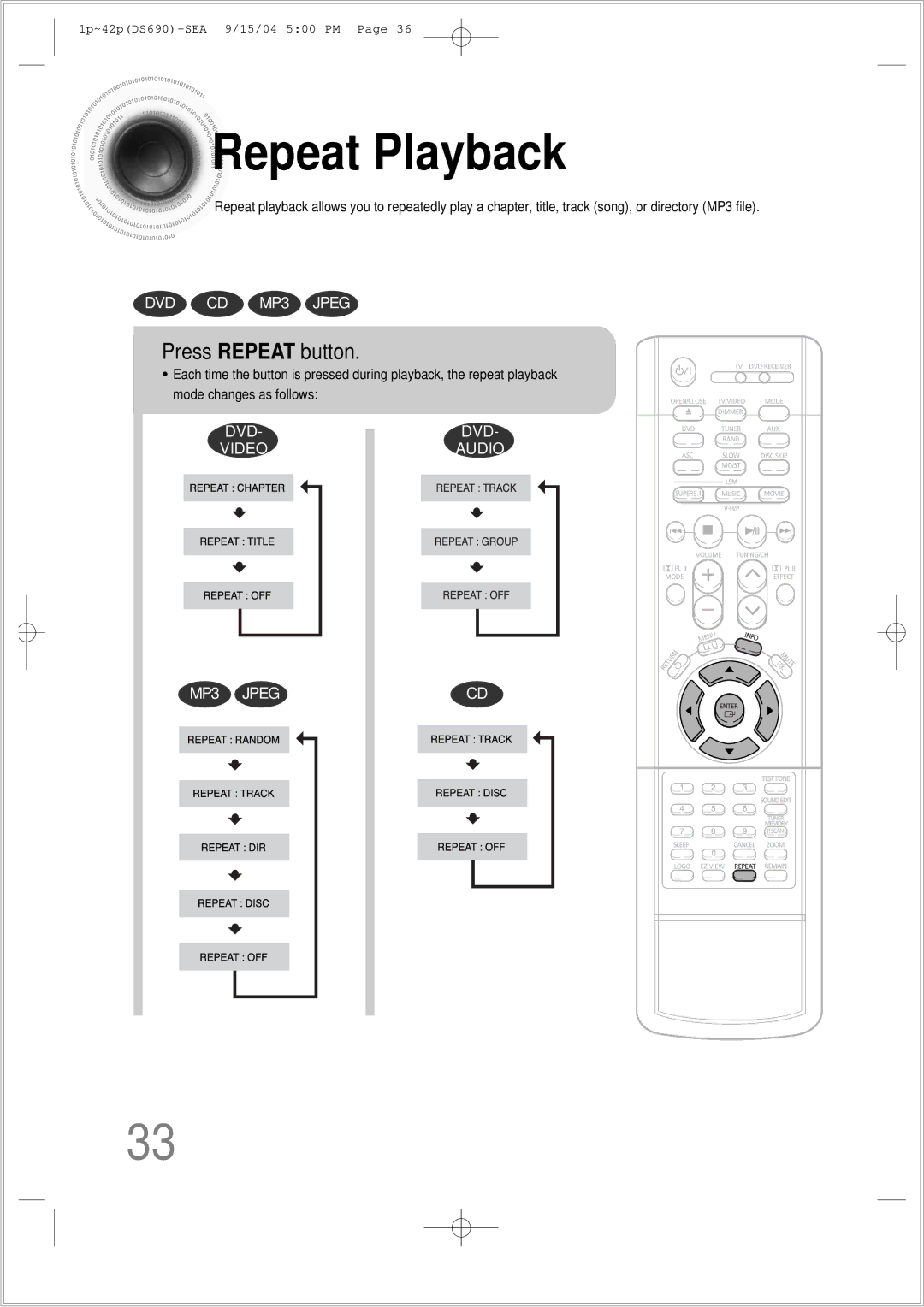 Samsung HT-DS690 instruction manual Repeat Playback, Press Repeat button 