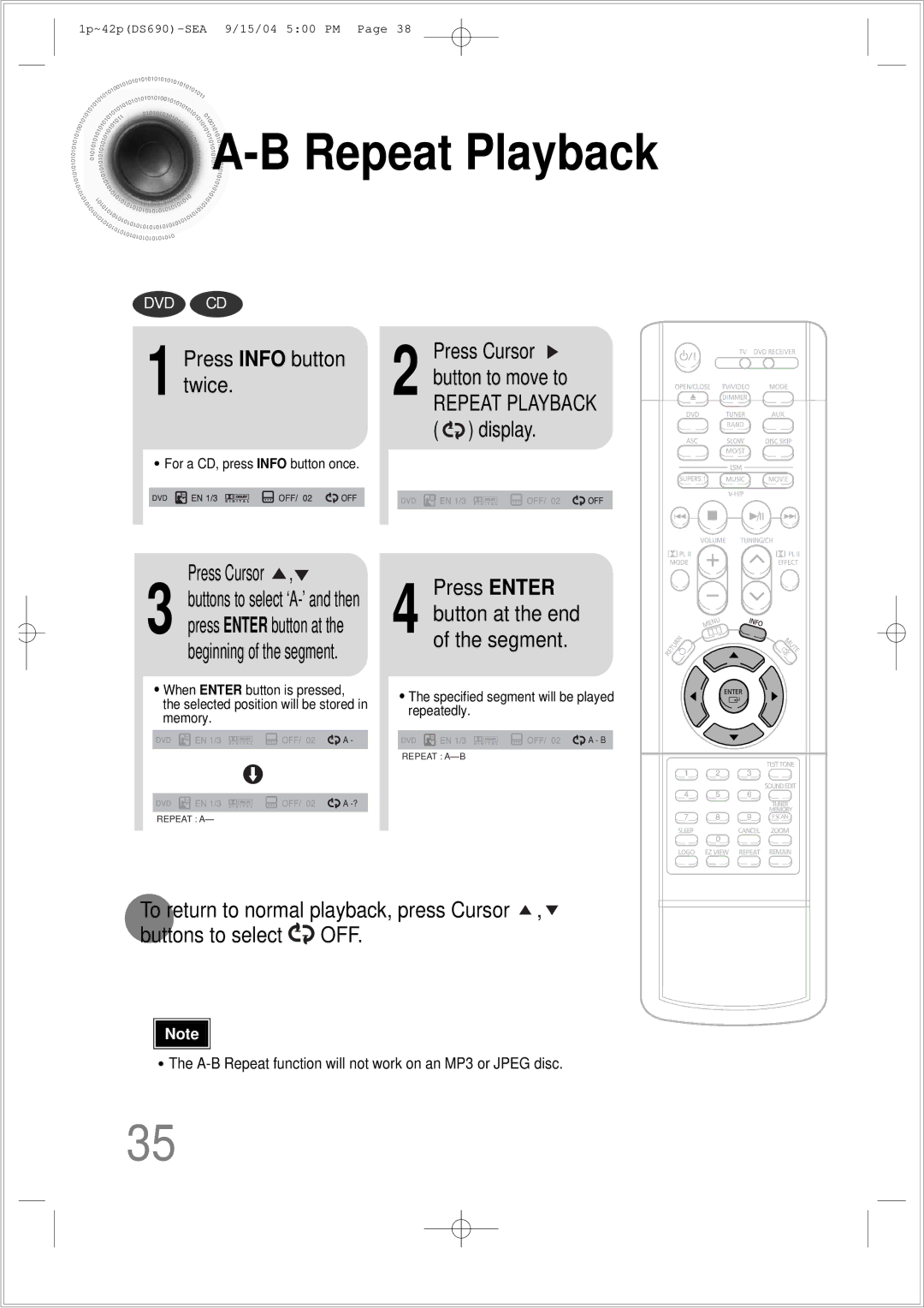 Samsung HT-DS690 instruction manual Press Info button twice, Press Cursor, Press Enter 