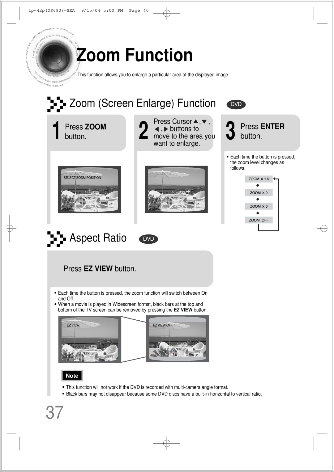 Samsung HT-DS690 instruction manual Zoom Function, Press Zoom, Button, Press EZ View button 