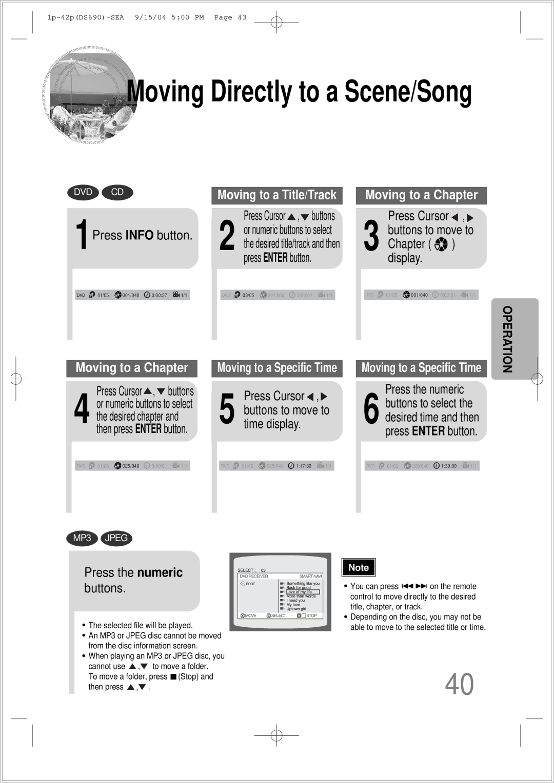 Samsung HT-DS690 1Press Info button, Press Cursor , buttons, Time display, Chapter display, Press the numeric 