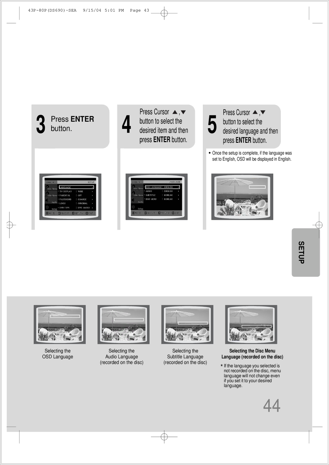 Samsung HT-DS690 instruction manual Press Enter Press Cursor, Setup 