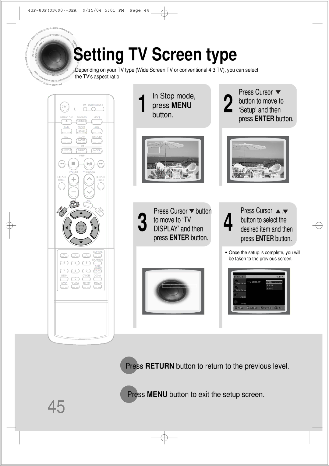 Samsung HT-DS690 instruction manual Setting TV Screen type, Press Cursor button 