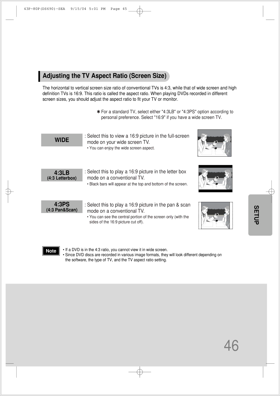 Samsung HT-DS690 instruction manual Adjusting the TV Aspect Ratio Screen Size, Wide 