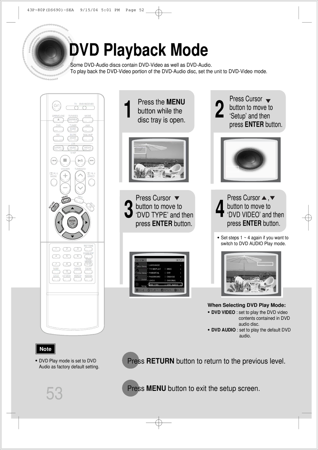 Samsung HT-DS690 instruction manual DVD Playback Mode, Press the Menu, Press Enter button 