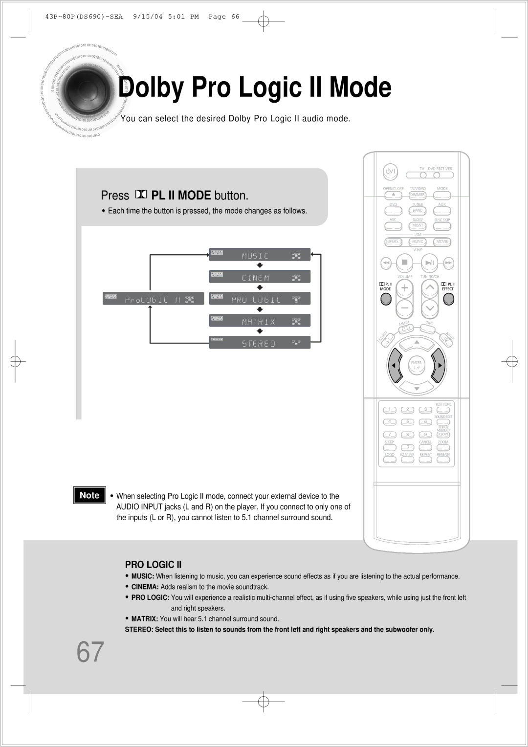 Samsung HT-DS690 instruction manual Dolby Pro Logic II Mode, Press PL II Mode button 