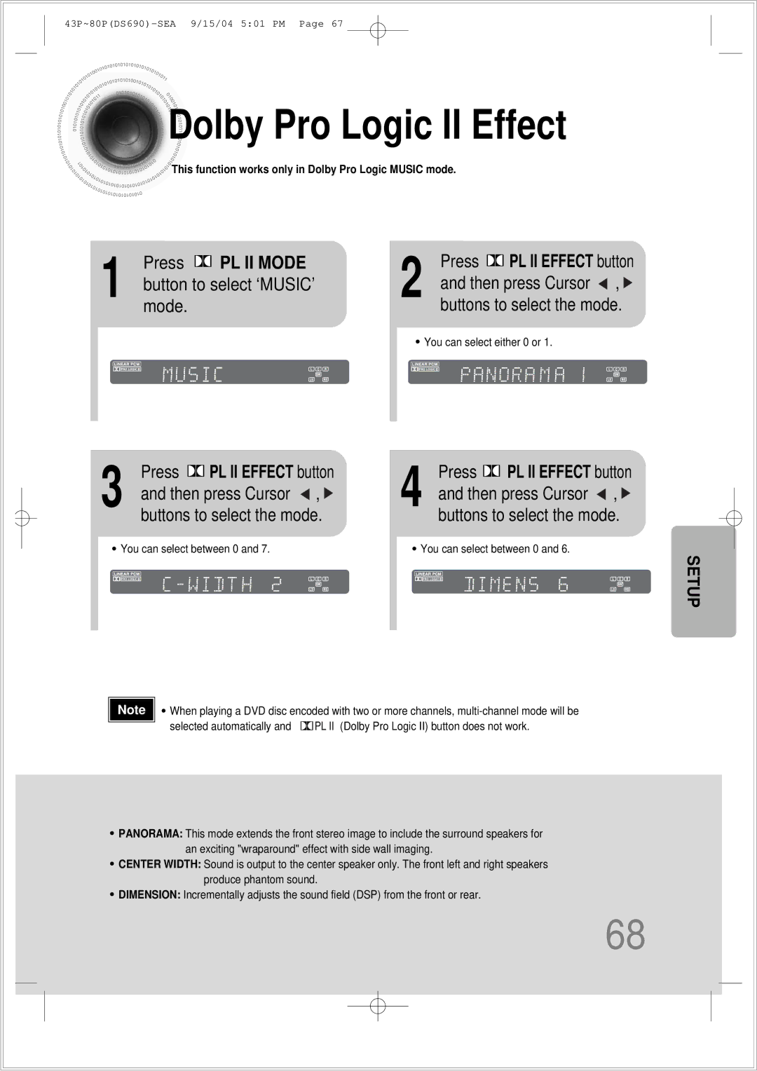 Samsung HT-DS690 Dolby Pro Logic II Effect, Press PL II Mode, Button to select ‘MUSIC’ mode, Press PL II Effect button 