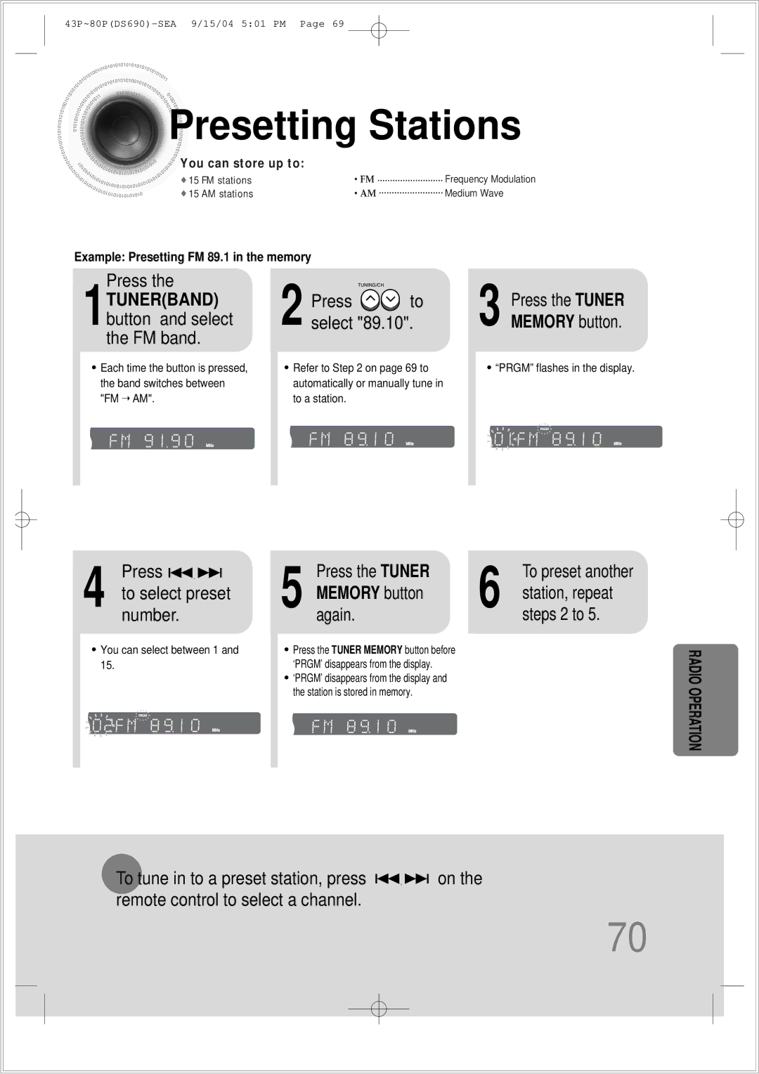 Samsung HT-DS690 instruction manual Presetting Stations, To select preset, Memory button, Number Again Steps 2 to 