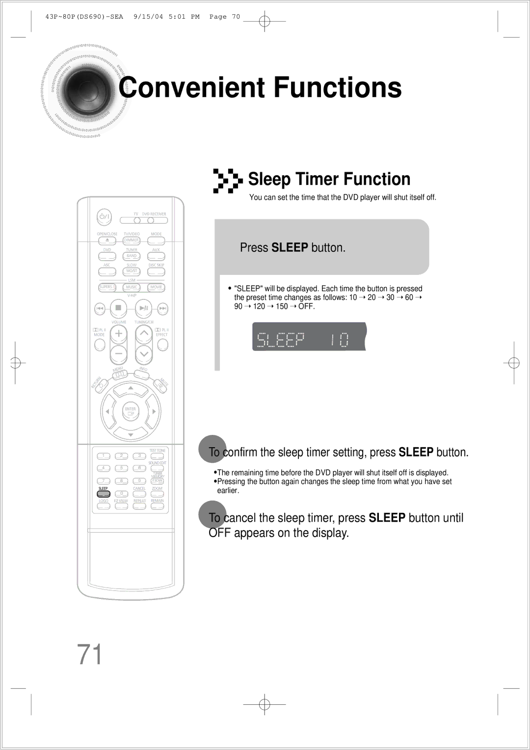 Samsung HT-DS690 Convenient Functions, Press Sleep button, To confirm the sleep timer setting, press Sleep button 