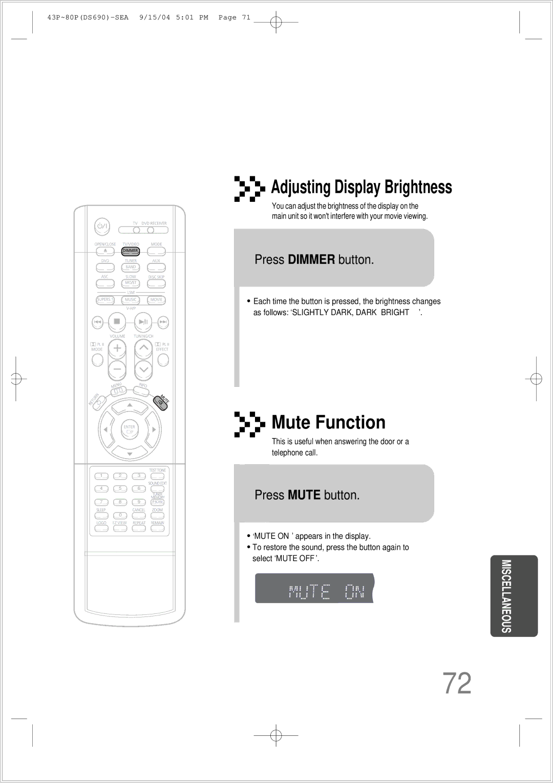 Samsung HT-DS690 instruction manual Press Dimmer button, Press Mute button 