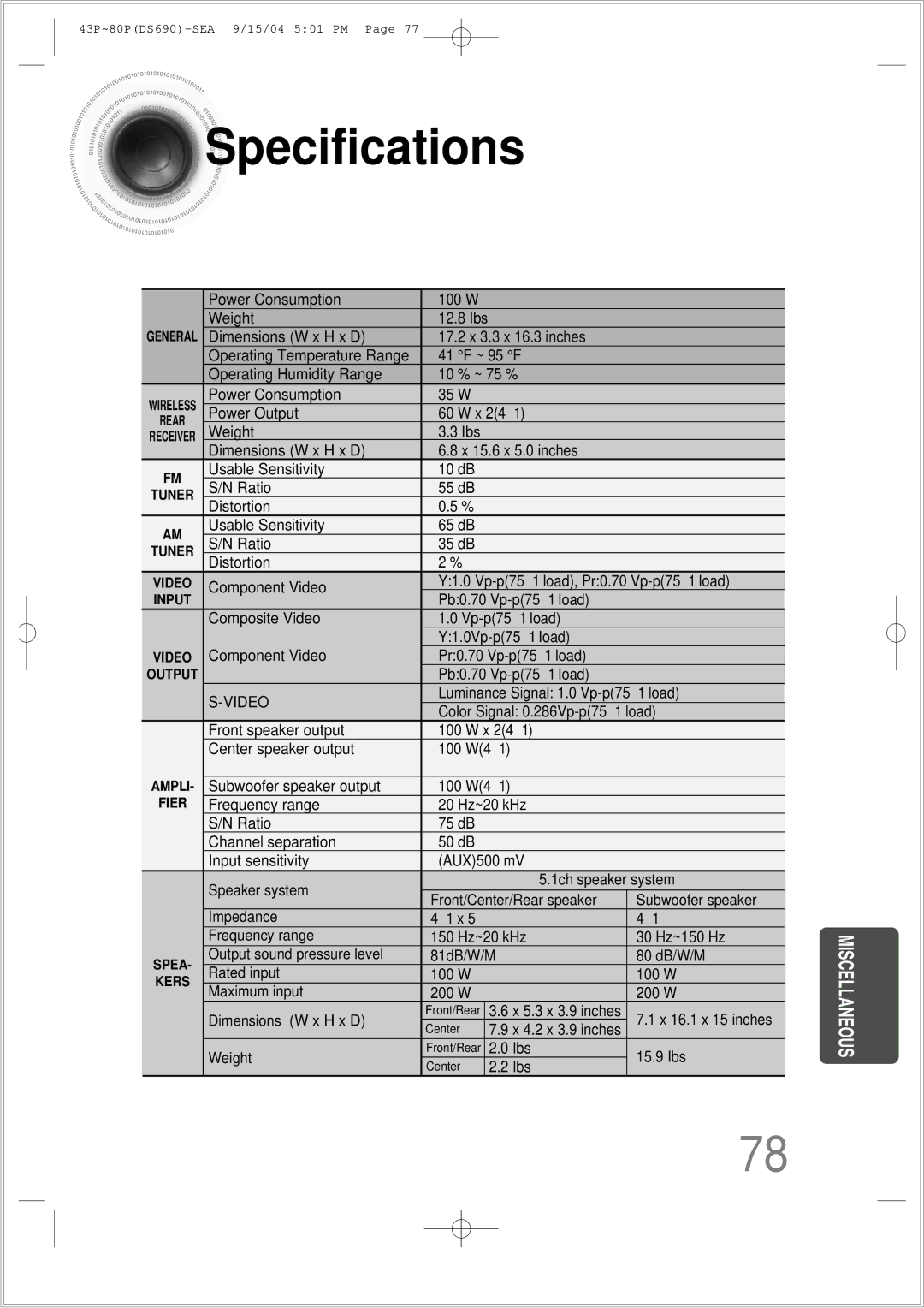 Samsung HT-DS690 instruction manual Specifications, Video 