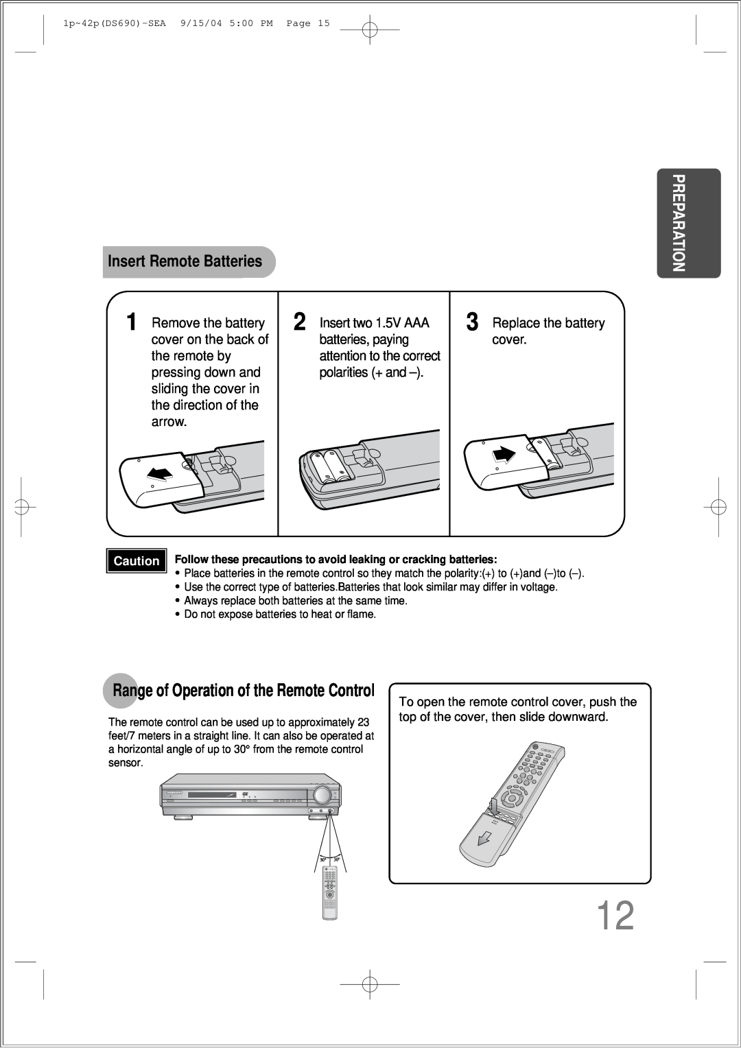 Samsung HT-DS690 instruction manual Insert Remote Batteries, Preparation, Range of Operation of the Remote Control 