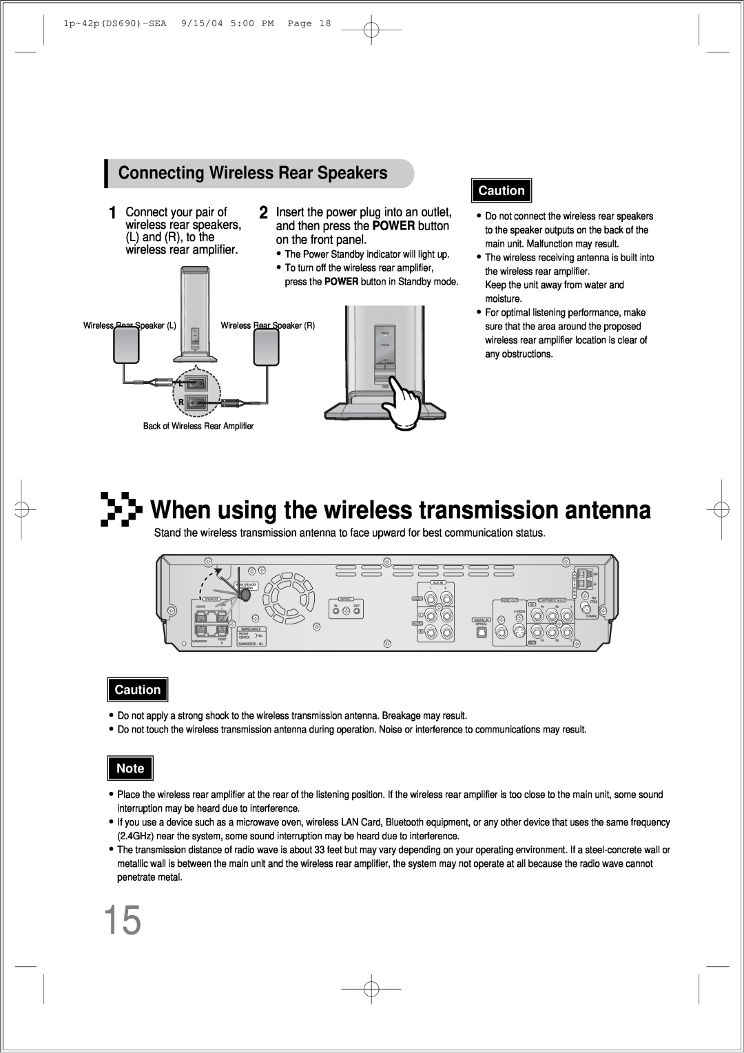 Samsung HT-DS690 instruction manual When using the wireless transmission antenna, Connecting Wireless Rear Speakers 