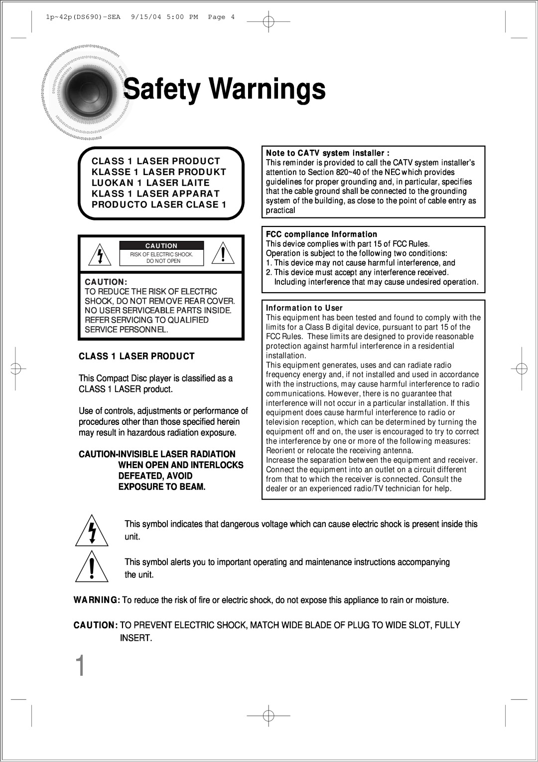 Samsung HT-DS690 instruction manual SafetyWarnings, CLASS 1 LASER PRODUCT 